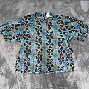 Knox Rose Floral Blouse Women XXL Green Teal Crop Smocked Neck Rayon Boho Top